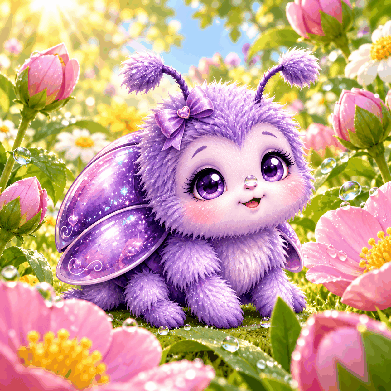 Bella the Baby Beetle, in her violet plush fur and sparkling purple shell, among garden flowers