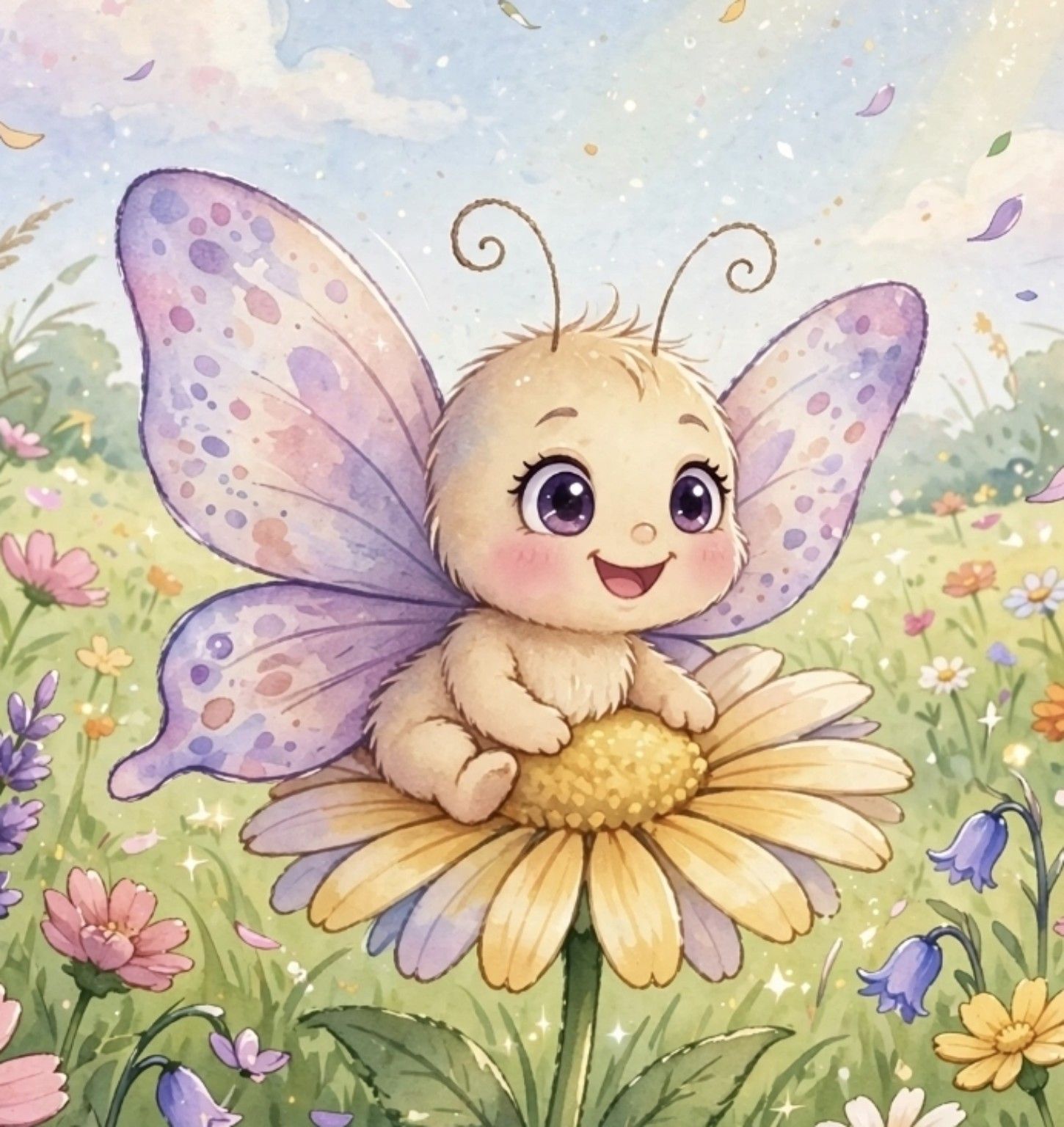 Luna the baby butterfly sitting on a yellow flower, with lavender wings
