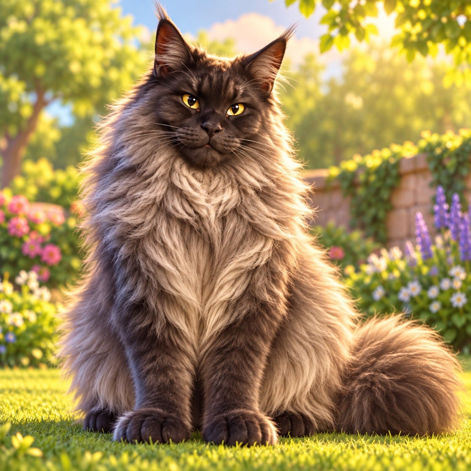 Maximus, a large long-haired charcoal-brown Maine Coon cat with a silver-cream mane and golden-yellow eyes