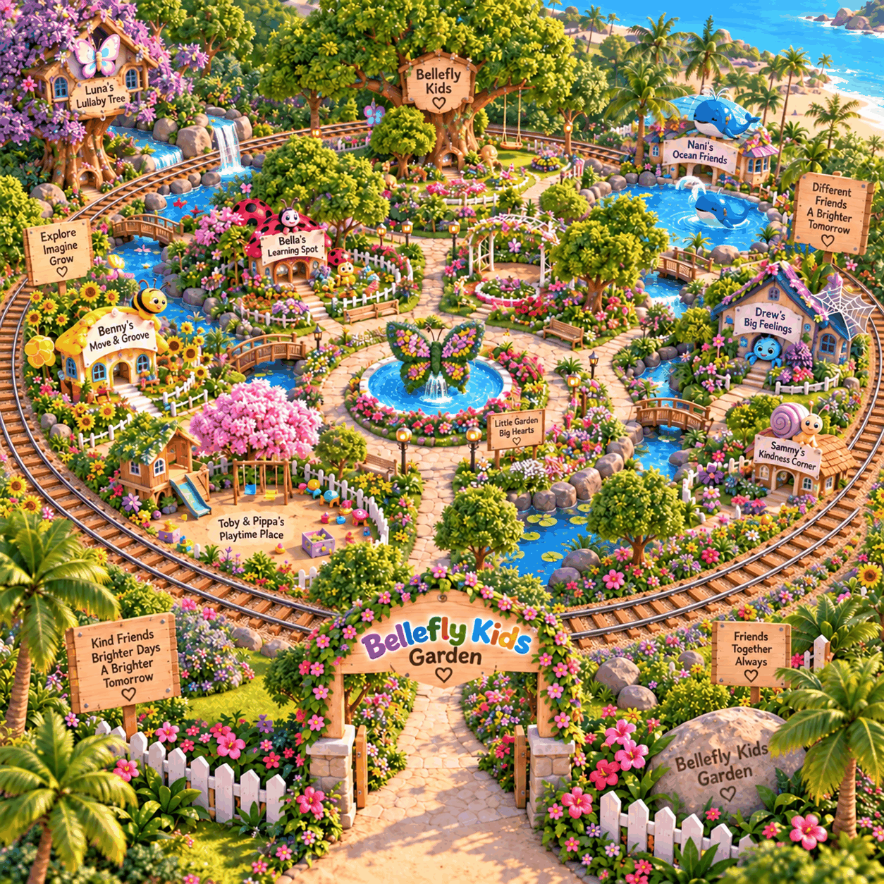 Full aerial map of Bellefly Kids Village with its railway loop, flower paths, character homes, bridges, and water